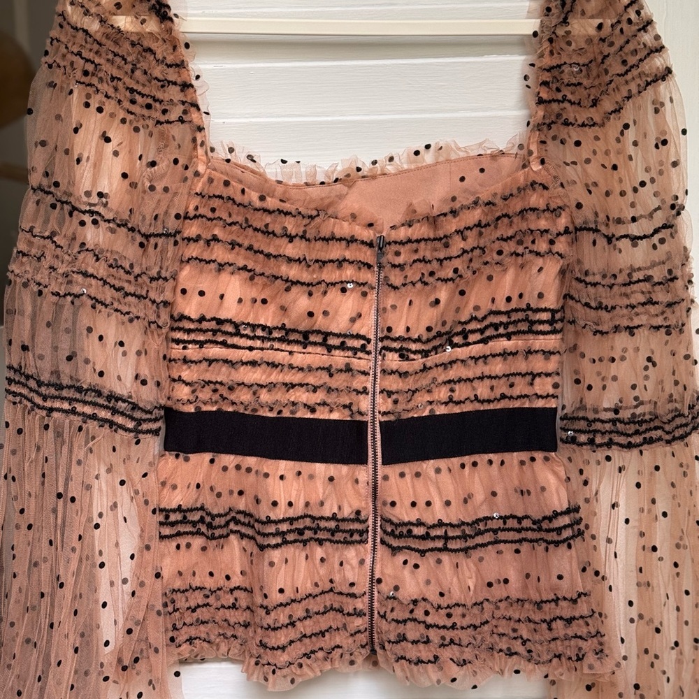 NWOT Self-Portrait Shirred Sheer Polka Dot Top in Tan / Nude & Black - 0 (XS) - Picture 9 of 10